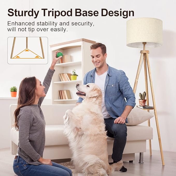 OUTON Wood Tripod Floor Lamp with Shelves, Mid Century Floor Lamp with Remote Control,4 Color Temperature, LED Modern Dimmable Standing Lamp with Beige Linen Shade for Living Room, Bedroom, Office