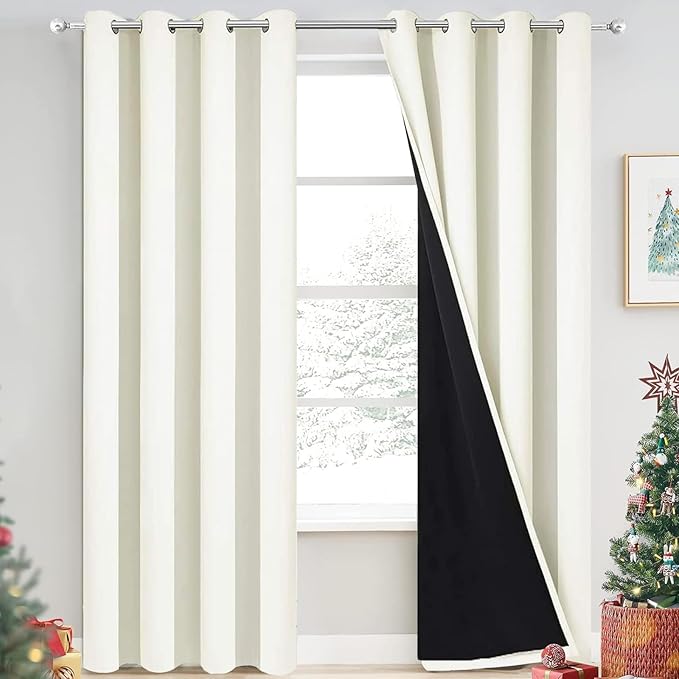 Yakamok 100% Cream Blackout Curtains for Bedroom, Light Blocking Thermal Insulated Noise Reducing Blackout Drapes for Living Room(52Wx90L, 2 Panels)