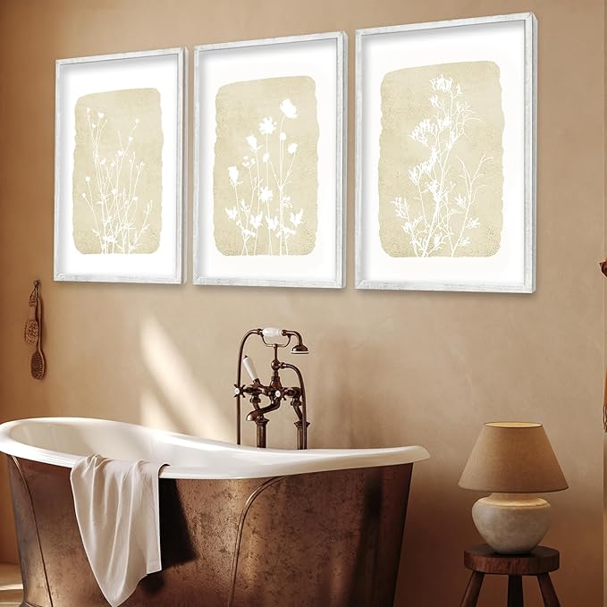 Wildflower Floral Botanical Wall Art Decor 24x16 Inch 3 Piece Boho Plant Wooden Framed Sign Rustic Farmhouse Home Office Relax Illustrations Neutra Minimalist Living Room Wall Hanging (White)