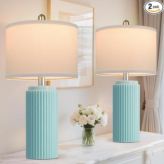 23.5’’ Light Green Coastal Table Lamps for Bedroom Set of 2, Modern Ceramic Nightstand Lamps for Living Room, Elegant Bedside Lamps with White Line Shade Set for Reading, Farmhouse Side Table Lamps