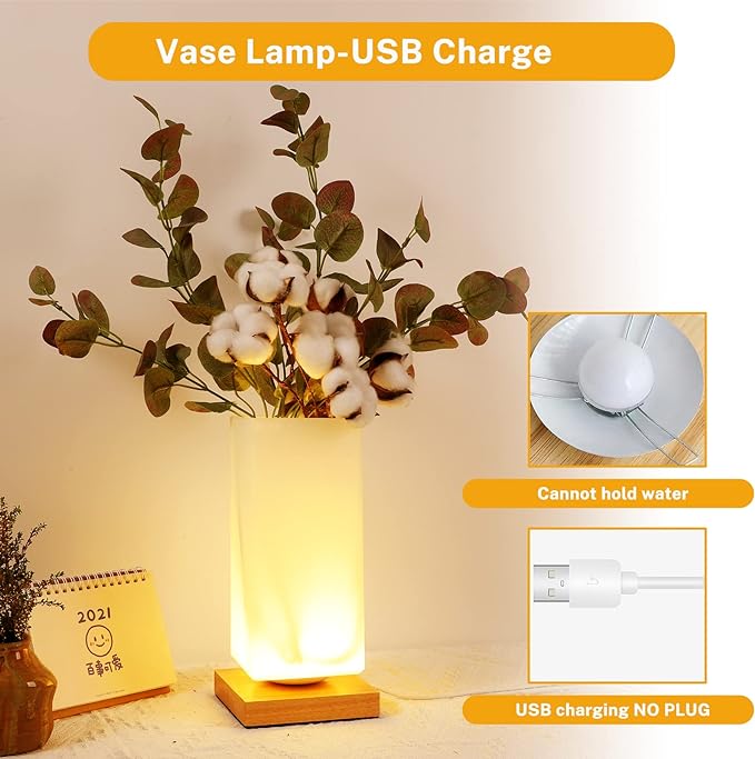 Vase Lamp Table Lamp Dimmable 3 Colors Vase Table Lamp USB Charge Bedside Lamp Frosted Glass Shade with Wood Base