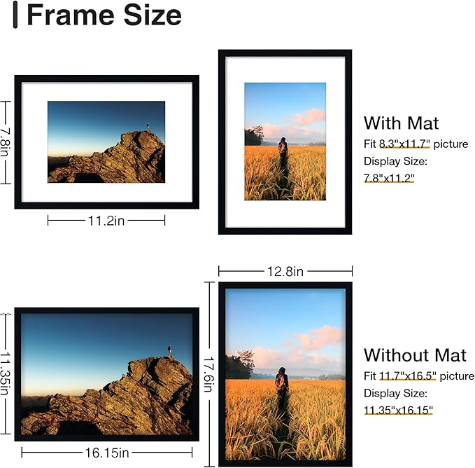 Vittanly A3 Picture Frame in Black, Display Poster 8.3x11.7 with Mat or 11.7x16.5 without Mat, Plexiglass, Wall Gallery Frame for Artwork, 1 Pack