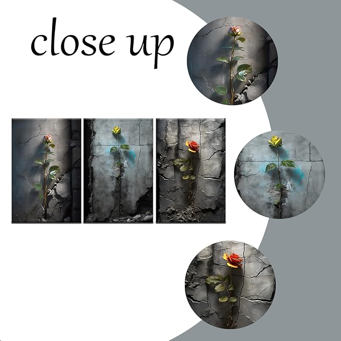 3 Pieces Large Size Poster Canvas Wall Art Inspirational Roses Grow in The Cracks of The Wall Vintage Theme Painting Artwork for Living Room Office Gallery Hotel Stretched and Framed [72''W x 36''H]