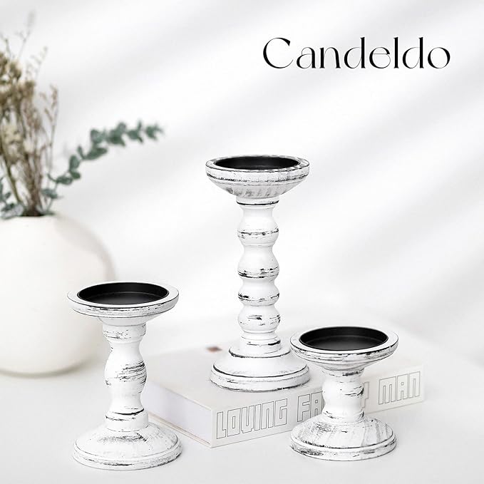 Wood Candle Holders for Pillar: Rustic Candles Holder Set of 3 Table Centerpiece Decor Wooden White Farmhouse Decorations for Fireplace Mantle