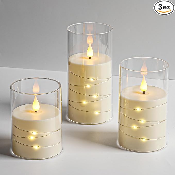 Da by Flickering Flameless Candles with Remote,Acrylic LED Candles with Embedded Star String,Battery Operated Candle, for Home and Holiday Decoration Set of 3（Ivory）
