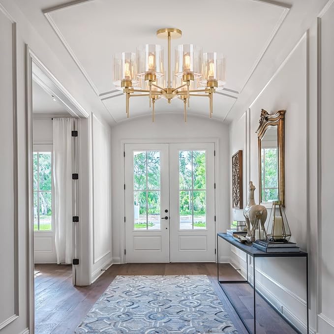 Brass Modern Chandeliers, Metal 8-Lights Chandelier Light Fixture with Amber Glass Shade, Hanging Pendant Lighting for Living Room, Dining Room, E26