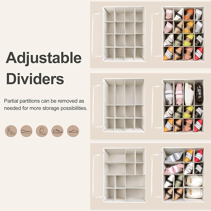 Shoe Organizer for Closet 2 Pack, Foldable Shoe Box with Adjustable Dividers and Clear Cover, Space Saving Shoe Storage Organizer Cabinet with Reinforced Handles, Fits 32 Pairs Beige TP12Y