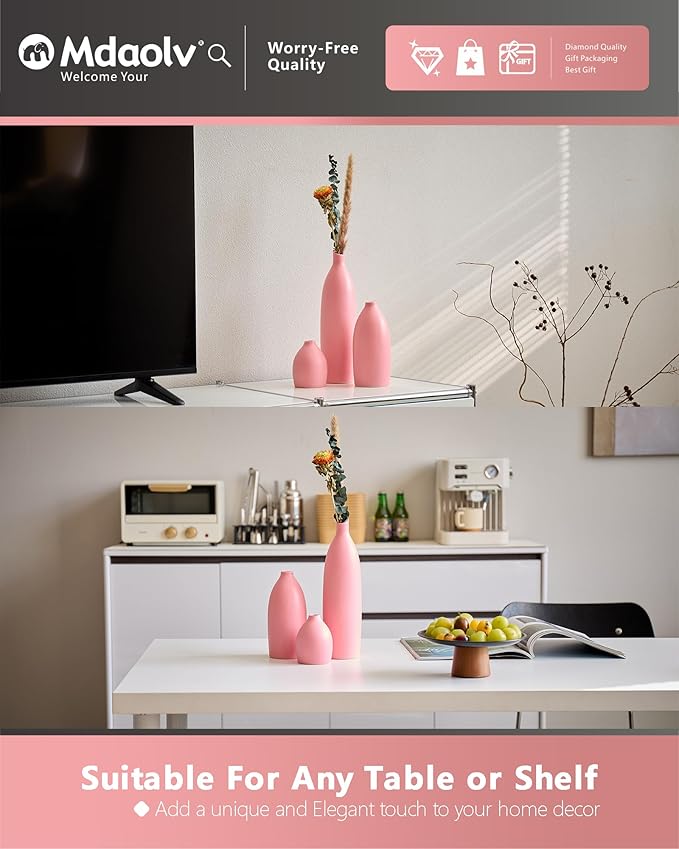 Matte Pink Vase Set of 3 - Modern Boho Aesthetic Bud Ceramic Vases Home Decor - Centerpieces Decor for Dining Table Living Room Coffee Table Bookshelf Mantle Entrance Console Decorations (Pink)