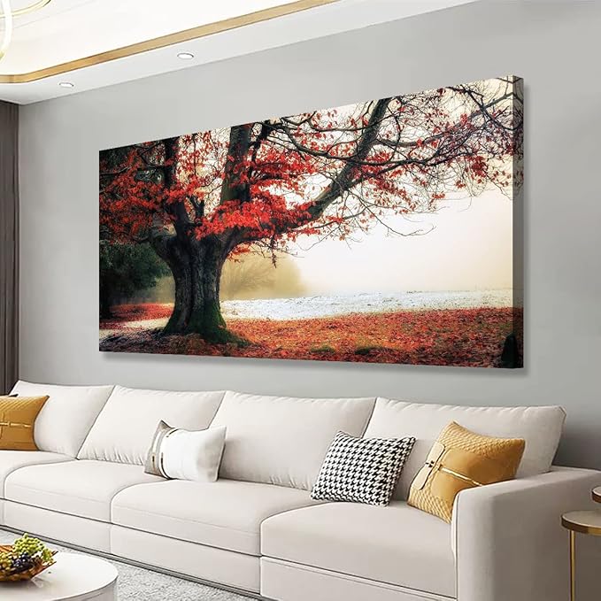 Stunning Nature Landscape Wall Art - 20x40 inches Canvas Artwork of Sunrise Forest Scenery with Red Leaves. Perfect Wall Decoration for Living Room, Bedroom and More