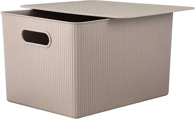 Superio Ribbed Collection - Decorative Plastic Lidded Home Storage Bins Organizer Baskets, X-Large Taupe (1 Pack - 22 Liter) Stackable Container Box, for Organizing Closet Shelves Drawer Shelf