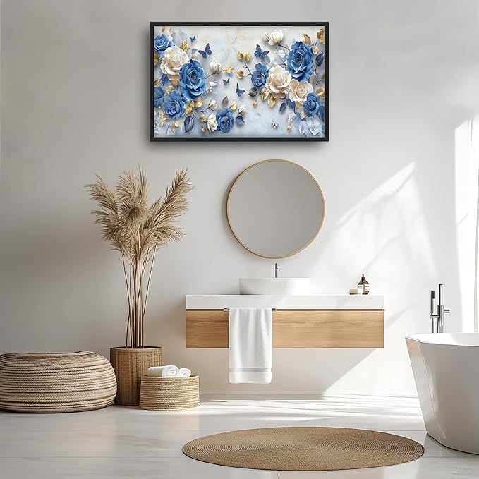 Framed Large Wall Art for Living Room, Blue and White Florals Canvas Wall Decor, Flowers Pictures Painting, Modern Artwork for Living Room Bedroom Office 36L'' × 24W''