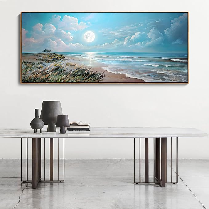 YCPRIMER Extra Large Coastal Wall Art - Blue Beach Canvas Wall Decor Ocean Picture Seascape Painting for Living Room Bedroom Bathroom Decoration Sea View Artwork Prints Pictures Works Easy to Hang Size 70x31inchs