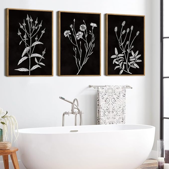 Extra Large Black and White Floral Wall Art Framed Botanical Wall Decor 3 Pieces for Bathroom Living Room Bedroom 24x36 Inch