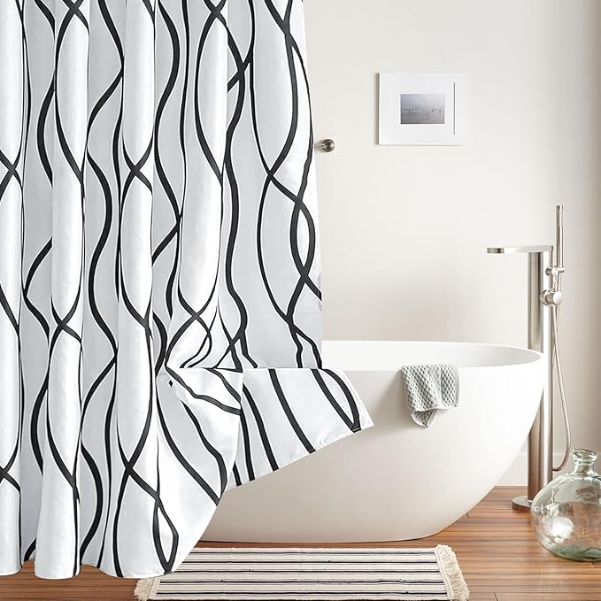 Biscaynebay Extra Long Textured Fabric Shower Curtain 72 W x 84 L, Black Printed Striped Linen Modern Hotel Luxury Quality Cloth Bathroom Curtains Machine Washable