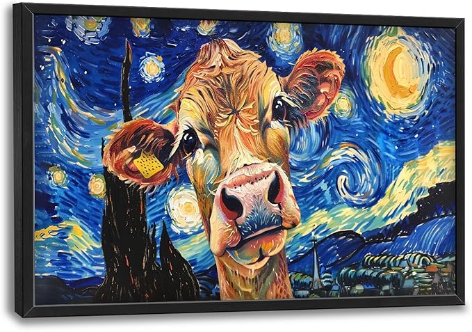 Flintis Large Cow Wall Art Starry Sky Night Cow Pictures Wall Decor Abstract Animal Canvas Painting Print Artworks Decorations Framed for Living Room Bathroom Master Bedroom Office 36L x 24W