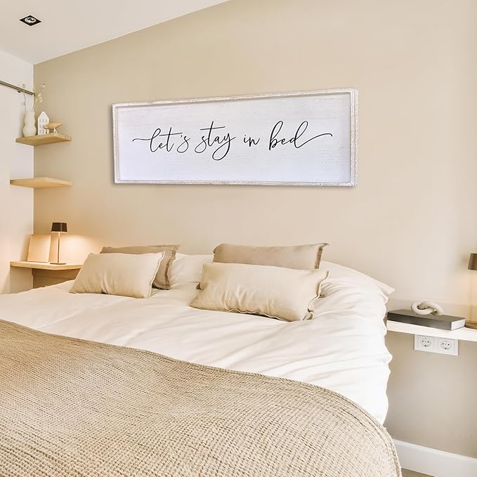 Surfapans Lets Stay In Bed Wall Decor 40”X15” Large Farmhouse Master Room Above Bed Soild Wood Framed Rustic Guest Room Sign Beautiful And Simple Plaque Over Bed Hanging Wall Art Decoration (White)
