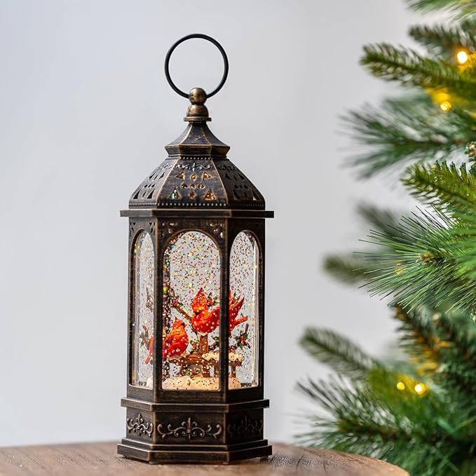 Christmas Snow Globe Lantern Water Glittering 10.5'' Cardinal with Music& Timer, USB Lined/Battery Operated Lighted Lantern for Christmas Festival Decoration Gifts