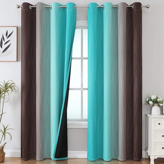 Estelar Textiler Brown and Teal Gradient Blackout Curtains for Bedroom, Ombre Thermal Insulated Noise Reducing Blackout Drapes for Living Room, Full Room Darkening Grommet Curtains, 52Wx84L, 2 Panels