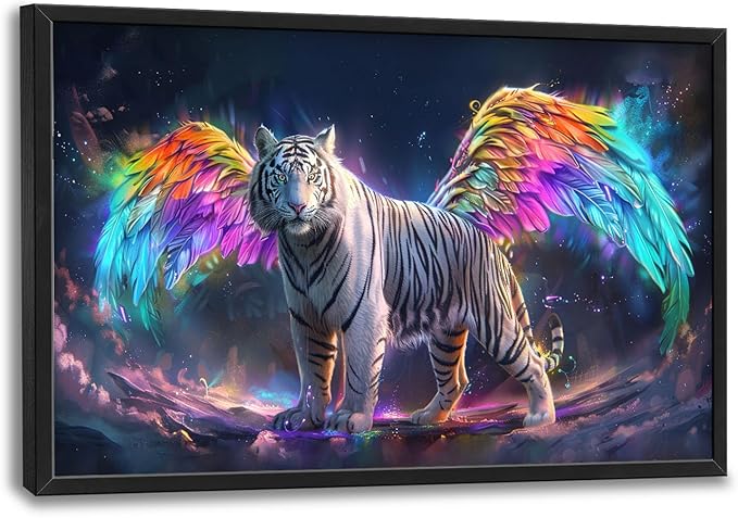 Flintis Large Tiger Wall Art White Tiger Angel Wings Pictures Wall Decor Abstract Animal Canvas Painting Print Artwork Decoration Framed for Living Room Bathroom Master Bedroom Office 36L x 24W