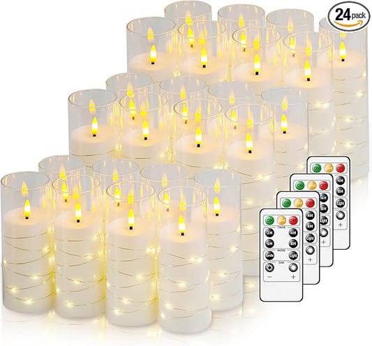 Flickering Flameless LED Candles,Battery Operated Candles 24 Pcs with Embedded Star String,Acrylic LED Pillar Candles with Remote,Suitable for Home Decoration to Create an Atmosphere (White)