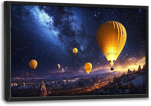 Olivine Hot Air Balloon Wall Art, Cappadocia Landscape Pictures Wall Decor, Night Adventure Paintings, Travel Canvas Prints, Framed Artwork for Bathroom Bedroom Living Room Office Home 36"x24"