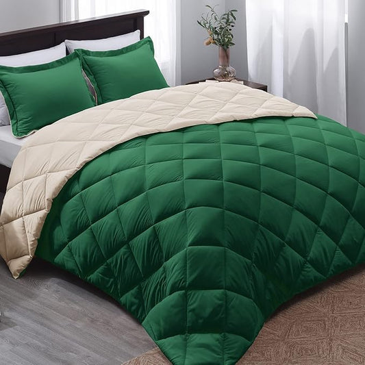 Basic Beyond Queen Comforter Set - Forest Green Comforter Set Queen, Reversible Bed Comforter Queen Set for All Seasons, Forest Green/Ivory, 1 Comforter (88"x92") and 2 Pillow Shams (20"x26"+2")