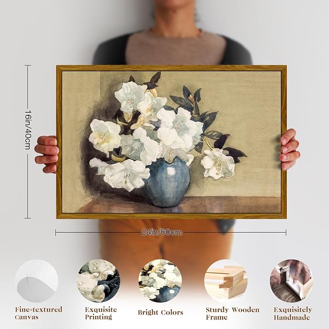 crmotu Framed Canvas Wall Art, Still Life Floral Vintage Art Prints, Classical White Flowers Botanical Decor Artwork, Retro Azalea Pictures Wall Decor Living Room Bedroom Kitchen Office 16x24in
