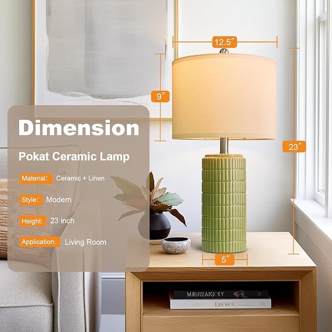 PoKat 23" Green Ceramic Table Lamps Set of 2, Farmhouse Table Lamps for Living Room, Modern Lamps for Bedroom Night Stands, Traditional Nightstand Desk Lamps, Medium