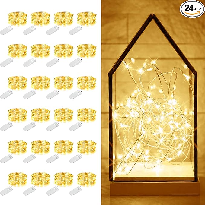 MUMUXI 24 Pack 7.2ft Fairy Lights Battery Operated, 20 LED String Lights, Waterproof Silver Wire, Warm White for Bedroom, Weddings, Halloween, Christmas Decorations, Battery Powered Indoor Outdoor Use
