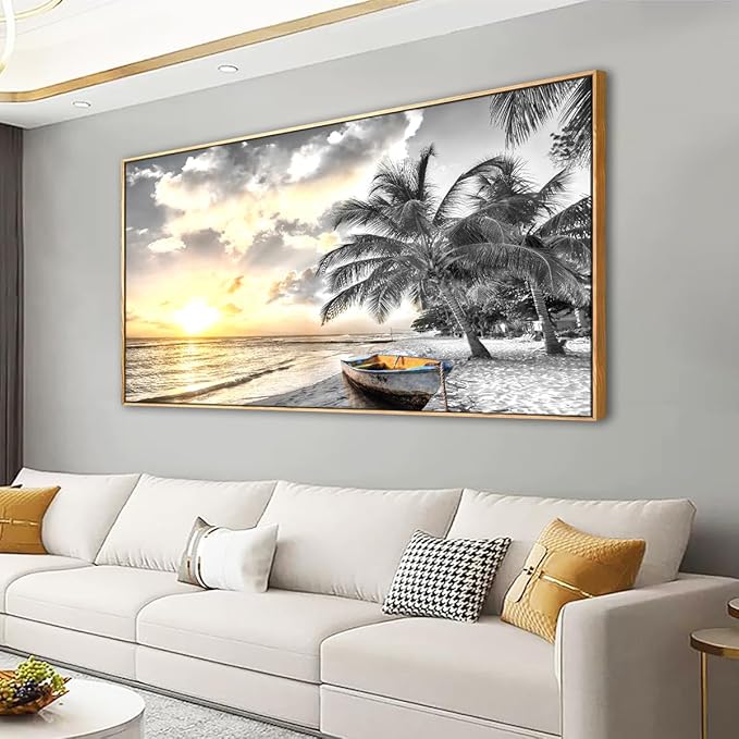 Framed Canvas Wall Art for Living Room Bedroom Office Black and White Beach Wall Art Paintings Pictures Artwork Seascape Sunset Wall Decor 20 * 40inch