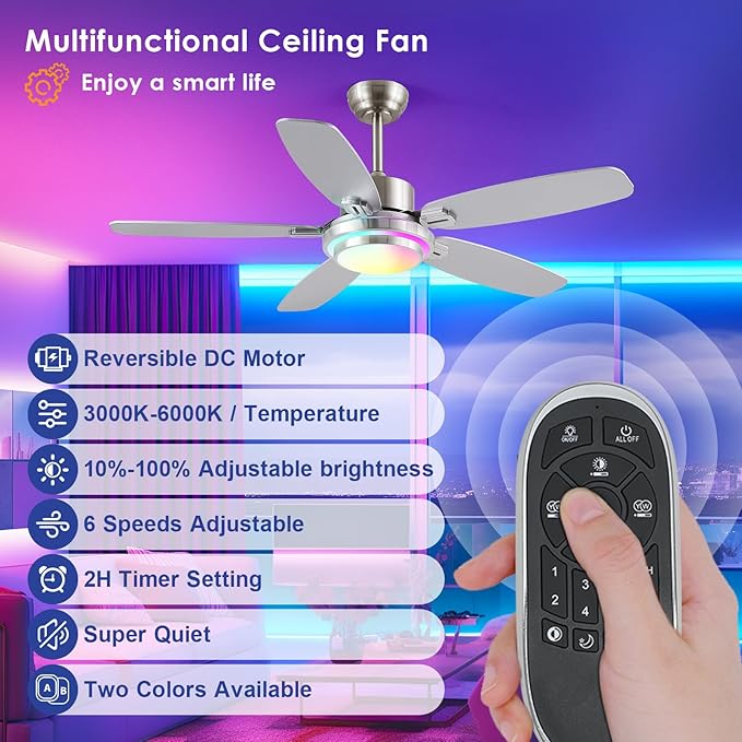 Ceiling Fans with Lights Remote/APP Control, 50" RGB Low Profile Ceiling Fan with Dimmable LED Colorful Light,Flush Mount,6 Speeds 5 Reversible Blades for Bedroom,Living Room, Nickel