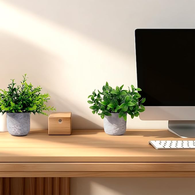 FGSAEOR Mini Potted Fake Plants, Small Artificial Greenery Realistic Plants Topiaries, Low Maintenance, for Home Office Shelf Desk Farmhouse Room Coffee Table Decor (3-Pack) (Green (Round Pot))