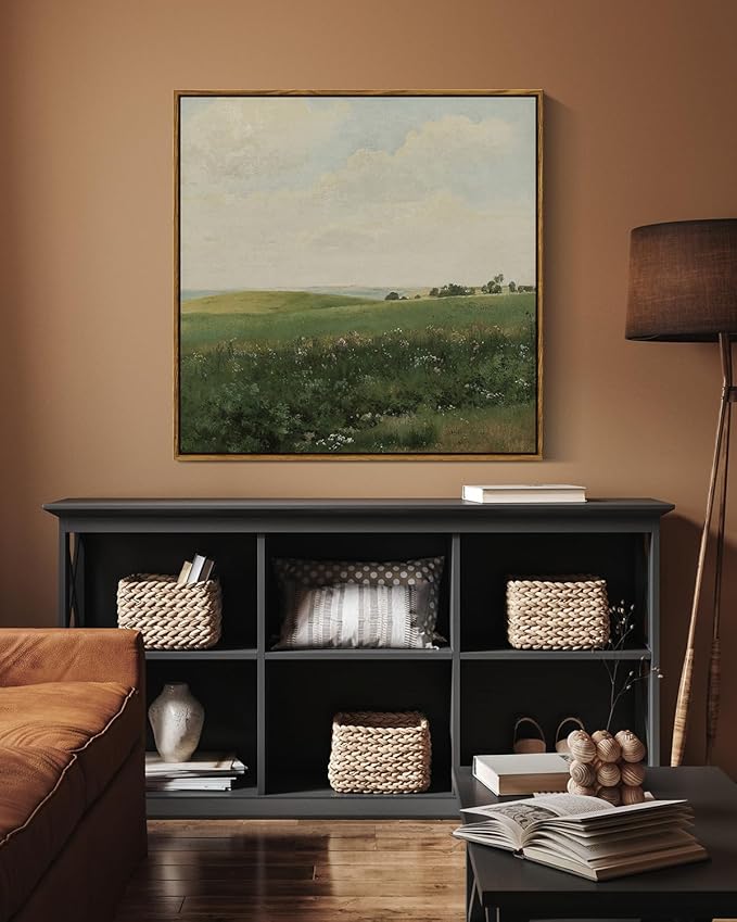 InSimSea Square Framed Canvas Wall Art, Large Decor Vintage Grassland Paintings, Field Scenery Wall Pictures for Bedroom Bathroom Living Room, Canvas Prints Vintage Farmhouse Decor 24"x24"