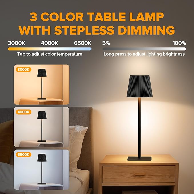 LUTEC 2 Pack Cordless Table Lamp,6000mAh Rechargeable Battery Operated Desk Lamp,Two Adjustable Heights,Waterproof, Touch Control & 3 Color Stepless Dimming for Restaurant/Bedroom/Bars/Outdoor (Black)