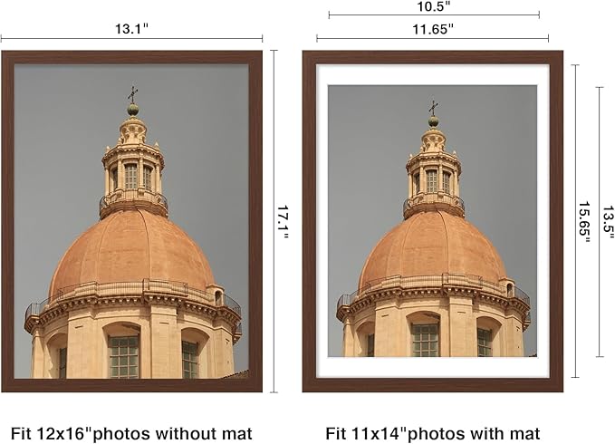 Vittanly 12x16 Picture Frame for Wall, Plexiglass, Displays Poster 11x14 with Mat or 12x16 without Mat, PVC Frame Material, Horizontal or Vertical Hanging, 1 Pack, Brown