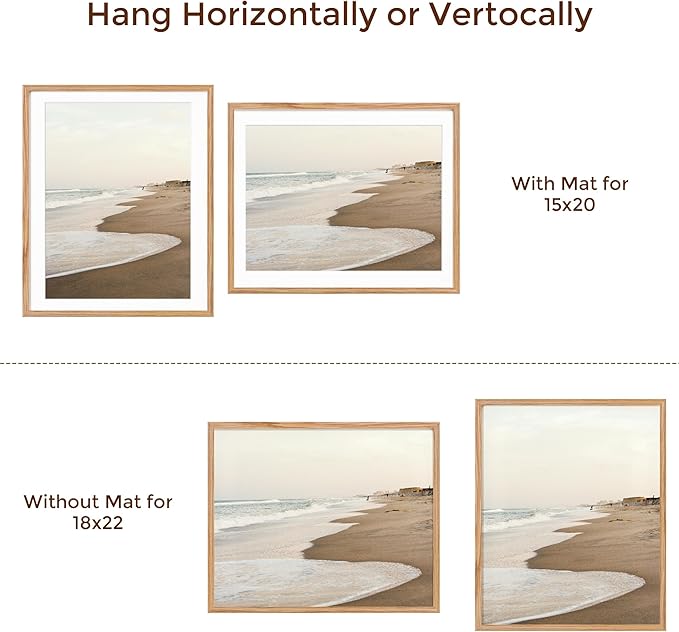 18x22 Picture Frame, Solid Oak Wood for Wall, Poster Frame With Real Glass, Matted for 15x20, Home Decor (Natural Oak Color, 1 Pack)