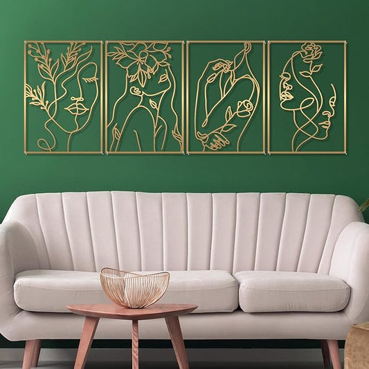 Glamativity 4 Pack Gold Wall Art Decor, Female Flower Face Lover Minimalist Décor Single Line Art Wall Décor, for Kitchen Bedroom Living Room (Gold Floral Lady Style, L Size 22.5x15.7'')