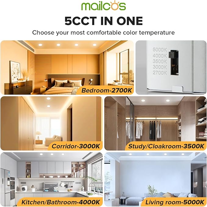 MAILCOS 4 Pack 6 Inch 5CCT Ultra-Thin LED Recessed Ceiling Light with Junction Box, 2700K-5000K Selectable, 1050LM High Brightness, Dimmable Canless Wafer Downlight, 12W 120V, ETL