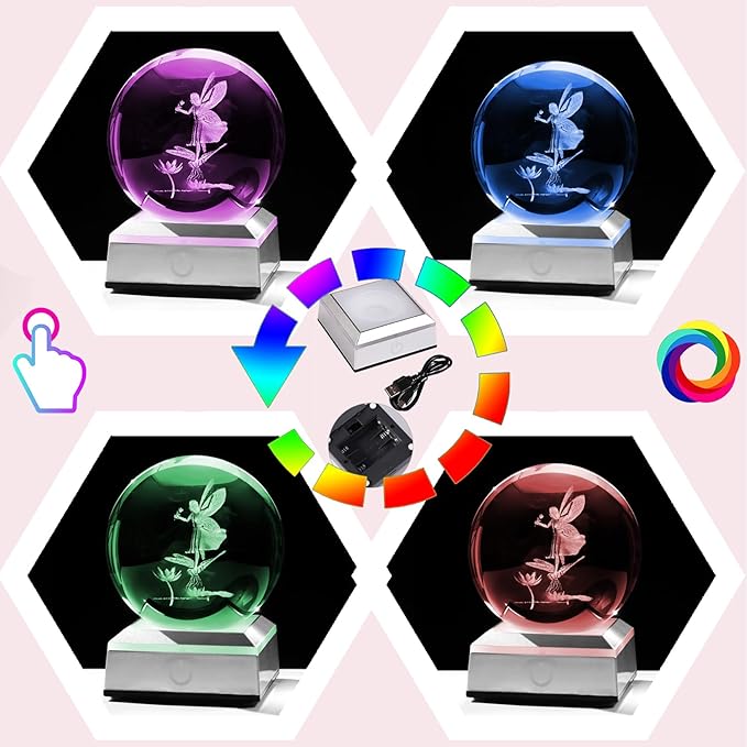 3.15"/8CM Crystal Ball 3D Engraved Fairy with Dragonfly Gifts for Girlfriend Girls Glass Sphere with LED Colorful Base Ideas on Birthday Christmas for Her Home Decor Figurine