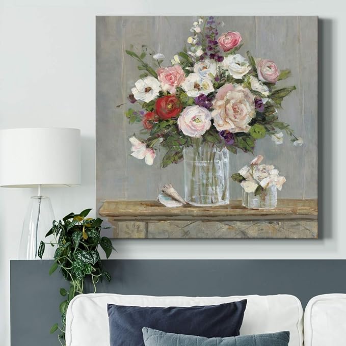 Wexford Home Square Premium Gallery Wrapped Canvas Flower Multicolor Wall Art Abstract Floral Romance Modern Pictures Print for Home Office, Ready to Hang, cottage collection, 24x24