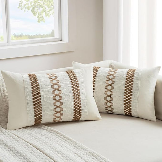 MIULEE Set of 2 Coco Brown Boho Decorative Lumbar Pillow Covers 12x20 Inch Farmhouse Rustic Couch Throw Pillows Modern Cotton Cushion Covers Retro Cute Macrame Woven Home Decor for Bed Sofa Chair