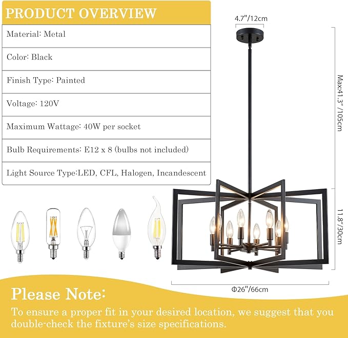 26'' Black Chandelier, Modern Farmhouse 8-Light Pendant Lighting Fixture for Dining Living Room Kitchen Entryway, Geometric Metal Large Adjustable Hanging Chandelier Lamp