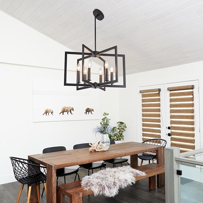 Dining Room Light Fixture, Modern Black Chandelier Farmhouse Metal Pendant Light for Foyer Enteyway Living Room Kitchen Island, 6 Wrought Iron Lights E12 Bulbs, Height Adjustable, 21.2 inch