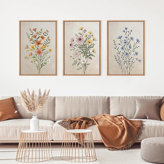 HPINUB Colorful Wildflower Canvas Framed Wall Art Set,Minimalist Botanical Floral Wall Decor,Vintage Flower Artwork,Modern Watercolor Boho Bouquet Art Print for Living Room,Bedroom,Farmhouse-24"x36"x3