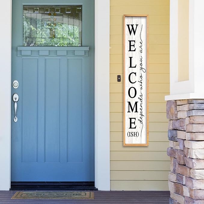 Welcome-ish Sign for Front Porch Standing 45"X9" Large Farmhouse Outdoor Wood Framed Home Vertical Tall Funny Large Welcome Sign For Rustic Modern Outside Front Door Wall Decor (Wood White)