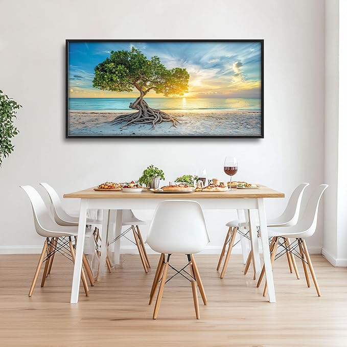 Beach Tree Large Framed Wall Art Sunrise Coastal Sea Pictures Oversized Tree of Life Wall Decor Canvas Print Painting Aesthetic Modern Artwork for Living Room Bedroom Office Bathroom Home Decor 60L"x30W"