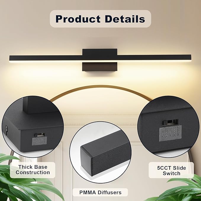 Joossnwell Black Bathroom Light Fixture Over Mirror 5CCT Dimmable Vanity Lights Bar for Bathroom Modern Bath Vanity Light 31.5 Inch Led Bath Lamp ETL Certificated