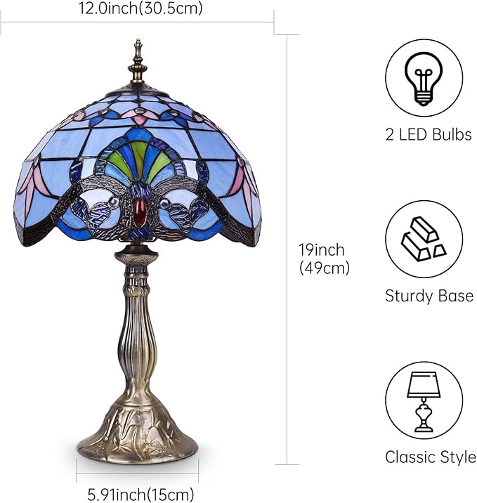 YingJu Tiffany Lamp,Blue Stained Glass Lamp,12X12X19 Inches Vintage Table Lamp for Bedroom,Living Room,Home Office（Including 2 LED Bulbs）