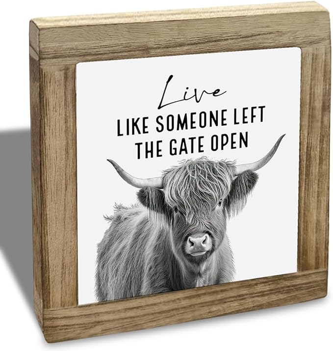 Vintage Decor, Funny Cows Wood Sign, Rustic Farmhouse Home, Decorative Signs - Live Like Someone Left The Gate Open, Tabletop Decor and Gift for Cow Lovers 5.9×5.9×0.7inch