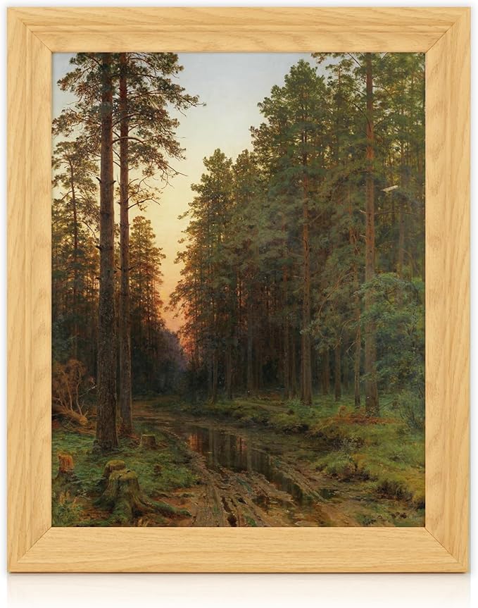 Brivoria Framed Canvas Wall Art Vintage Decor, Realistic Autumn Pine Forest Scene with Muddy Trail, Golden Sunset and Water Reflection for Bedroom Entryway Hallway or Rustic Nature Display, 13"x16"